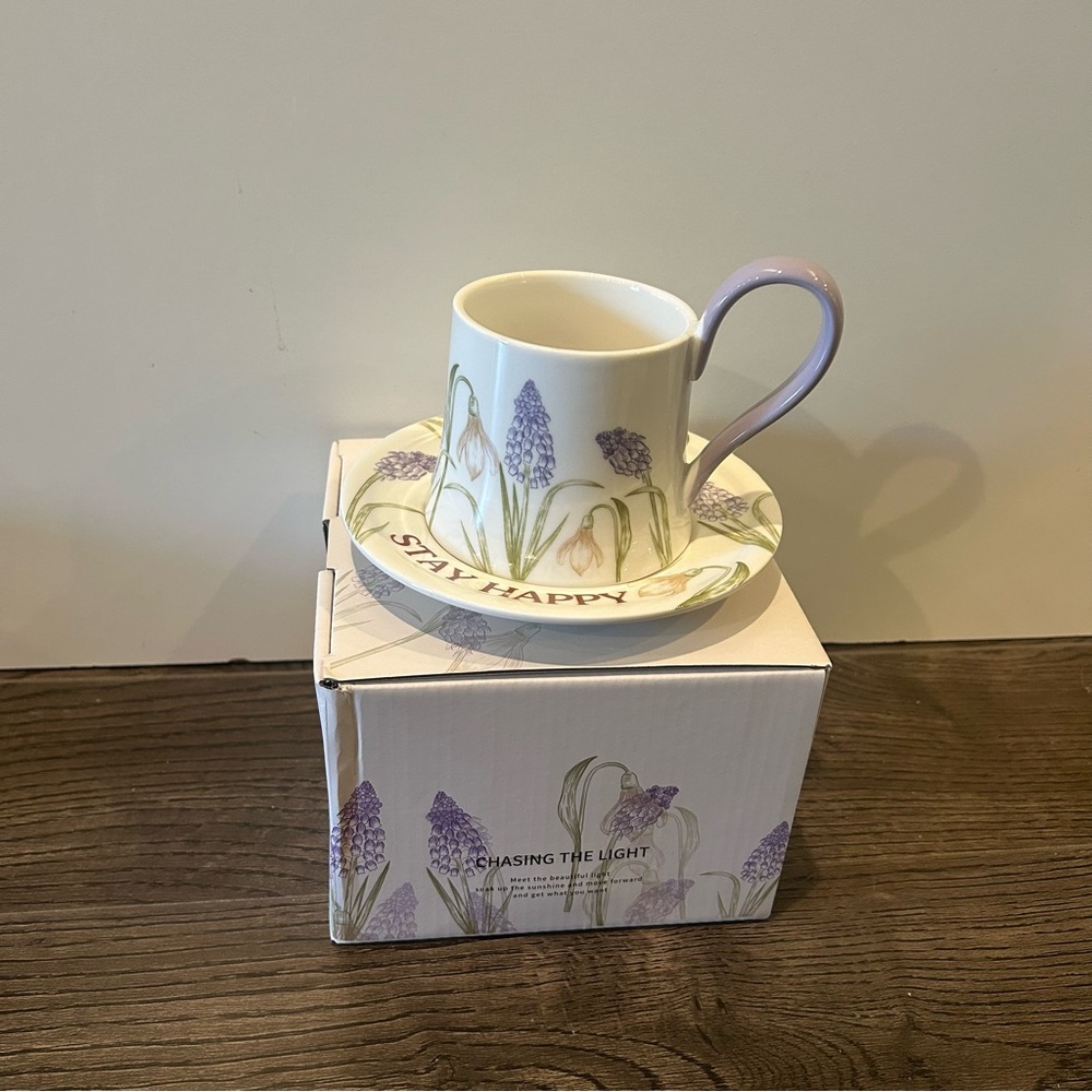 Floral Mug and Saucer Set with Purple Accents with box - Picture 2 of 11